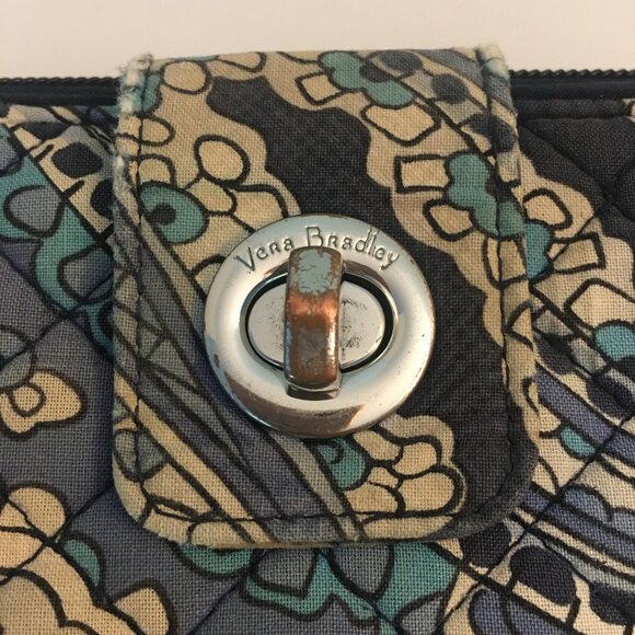 VERA BRADLEY Dark Light Blue Beige Paisley Turn Lock Zippered Clutch Wallet - Picture 3 of 9